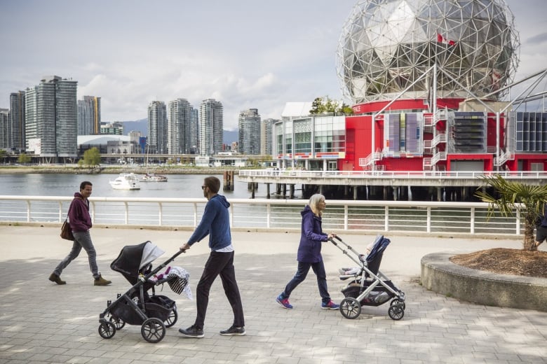 Two people push strollers with Science World in the background while another person walks by. 