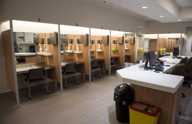 Injection booths are seen at the Cactus safe injection site Monday, June 26, 2017 in Montreal. THE CANADIAN PRESS/Paul Chiasson