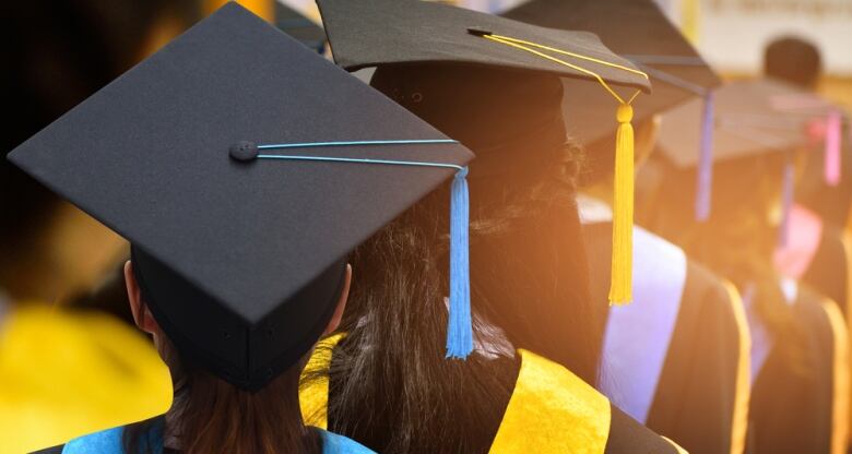 Three graduates, in gowns and caps, are seen from behind. 