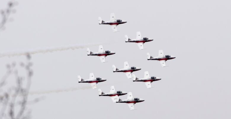 The Canadian Armed Forces aerobatic team, the Snowbirds, flies over Chelsea, Quebec Thursday, May 7, 2020. The Snowbirds are officially known as 431 Air Demonstration Squadron.