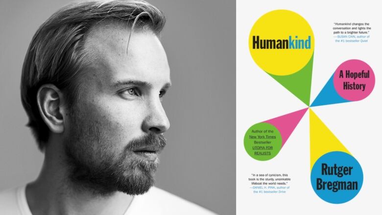 On the left, a black-and-white image of a white man looking left. On the right, a white  book cover with pink, yellow, blue and green circles and the title 