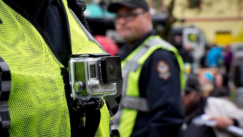 A GoPro camera is seen on the chest of someone wearing a high-visibility vest, with a police officer and a parkgoer in the backgroud.