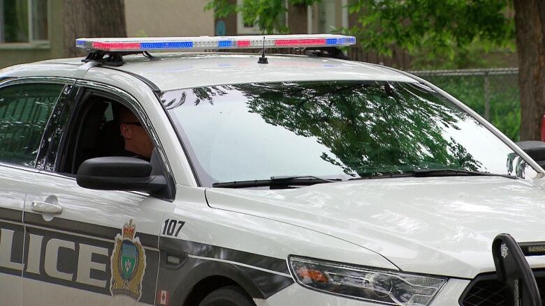 A Winnipeg Police Service car is seen parked under trees.