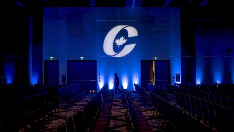 A Conservative Party of Canada sign in an empty auditorium hosting the party leadership convention. 