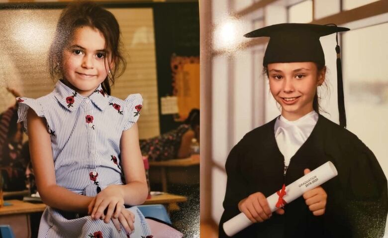 Two side-by-side photos of two young girls. 