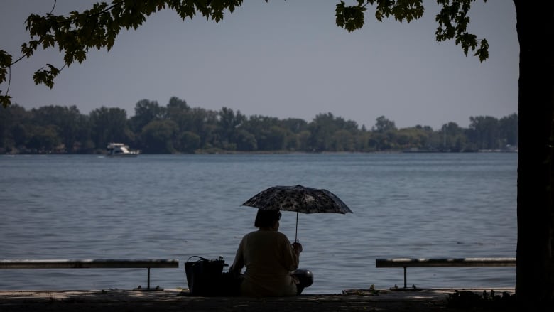 A person stays cool under an umbrella 