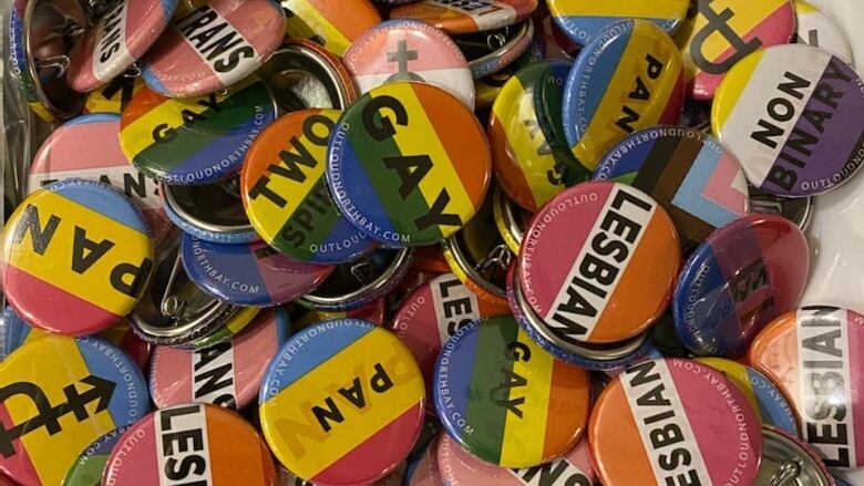 Pile of badges with various LGBTQ terms and associated colours, including Trans, Gay, Lesbian, Non-Binary, Two-Spirit.