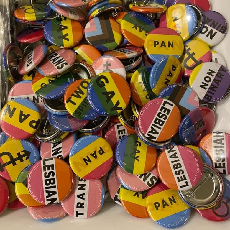 Pile of badges with various LGBTQ terms and associated colours, including Trans, Gay, Lesbian, Non-Binary, Two-Spirit.