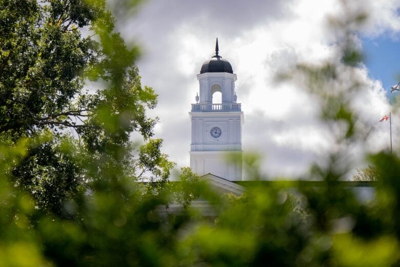 A white bell tower framed by green trees.