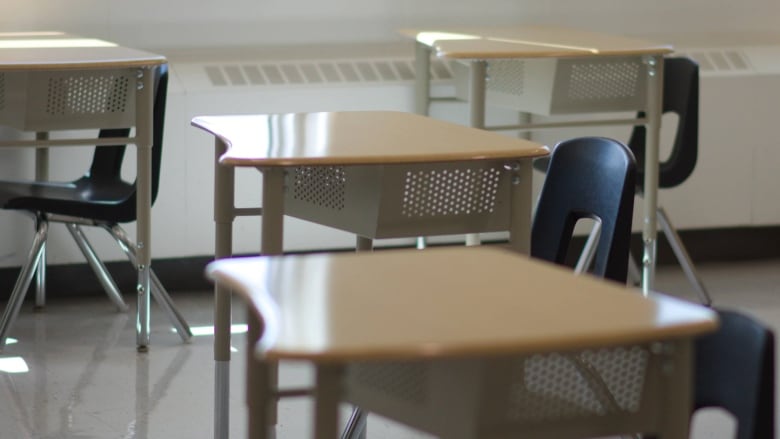 Desks in empty classroom.