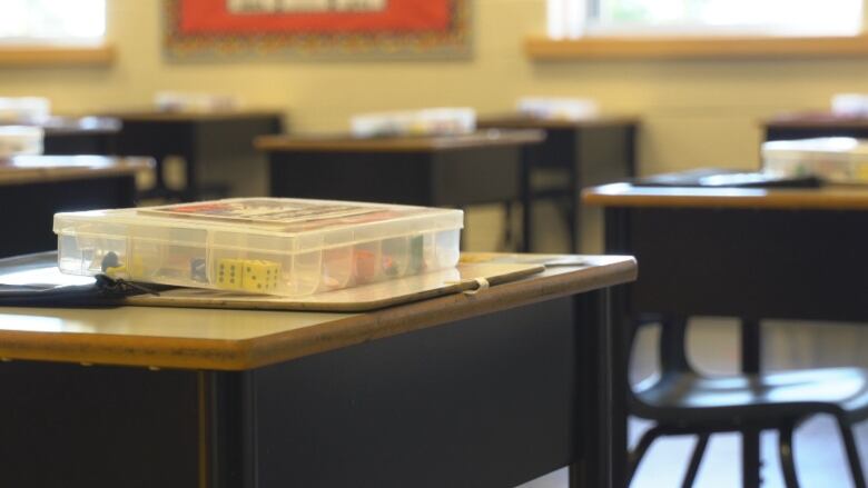 A classroom with empty desks. 