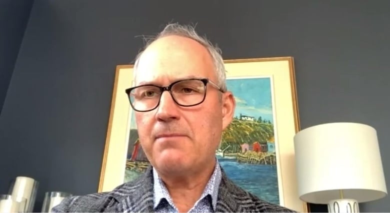 Balding, grey-haired man with dark-rimmed glasses in a screen grab from a video call.