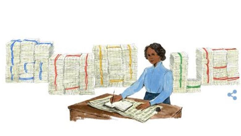 An illustration of a black woman in 19th century clothing writing. 