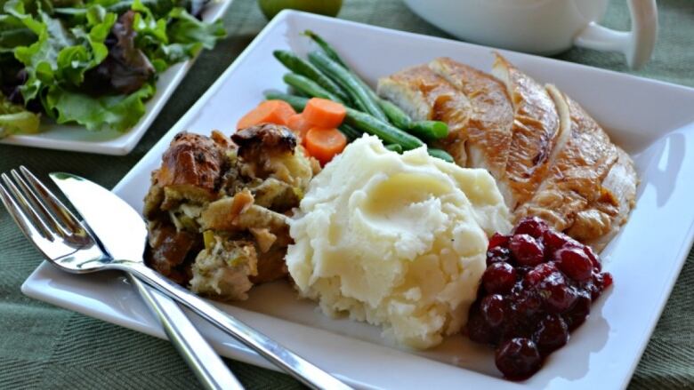 Plate of food with turkey, potatoes, green beans, carrots, stuffing from a turkey and cranberry sauce