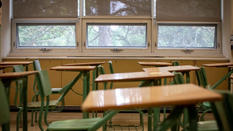 An empty classroom in Wexford Collegiate Institute in Scarborough, Ont.