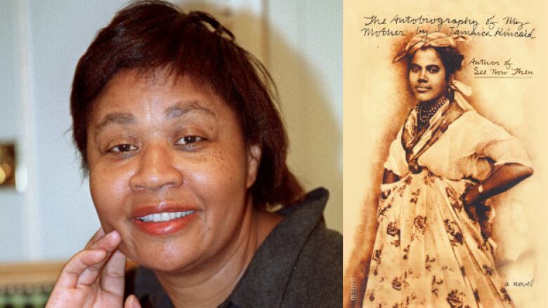 A Black woman with short hair looks at the camera with a hand on her face. A book cover with an old photo of a Black woman wearing a dress. 