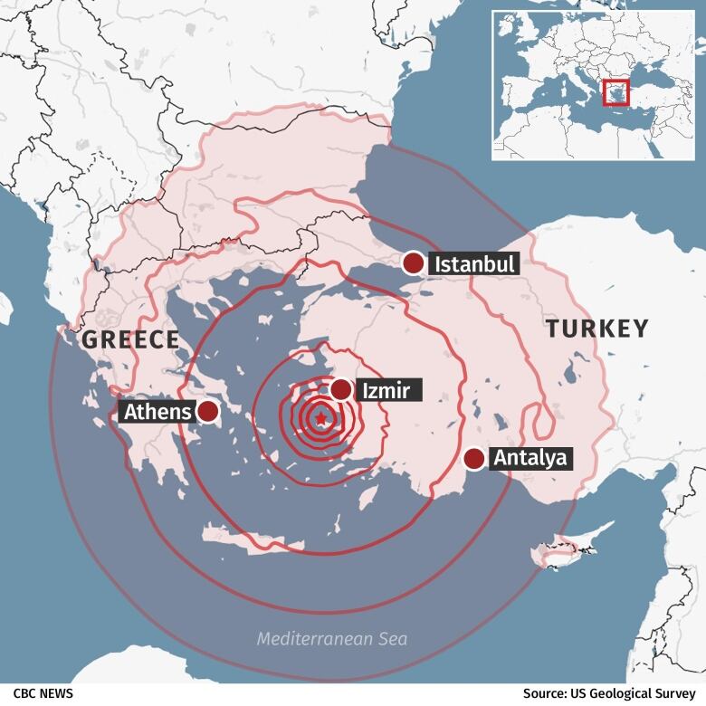 A map of southern Turkey and Greece with concentric circles showing the epicentre of the earthquake. Pictured are Izmir, Antalya, Istanbul and Athens.