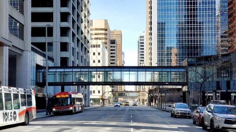 A sky bridge connects two buildings in downtown Calgary. 