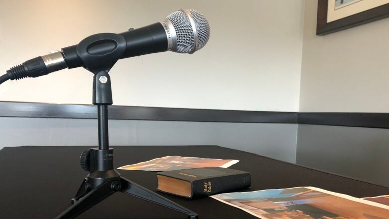 A microphone is shown on a stand at a hearing