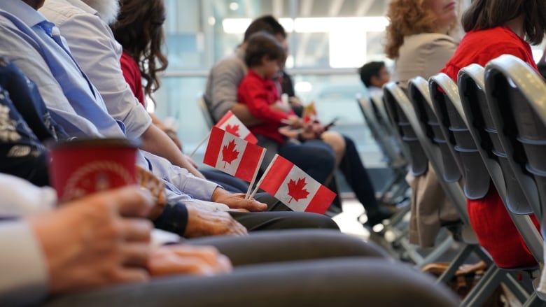 Seated people hold tiny Canadian flags.