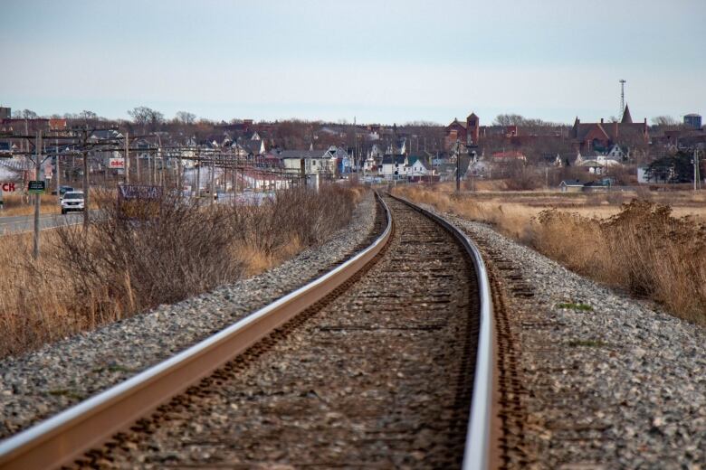 Train tracks can be seen in the foreground leadng to the Amherst skyline in the distance