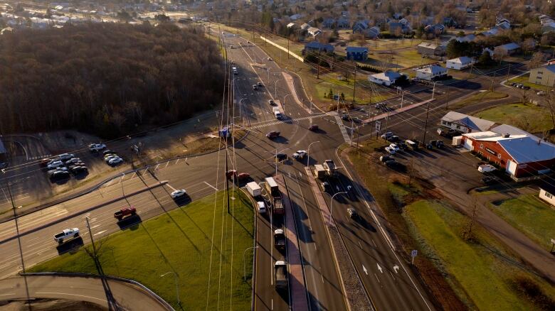 Drone shot of displaced left turn intersection. 