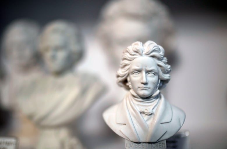 close up of a marble bust of Beethoven.