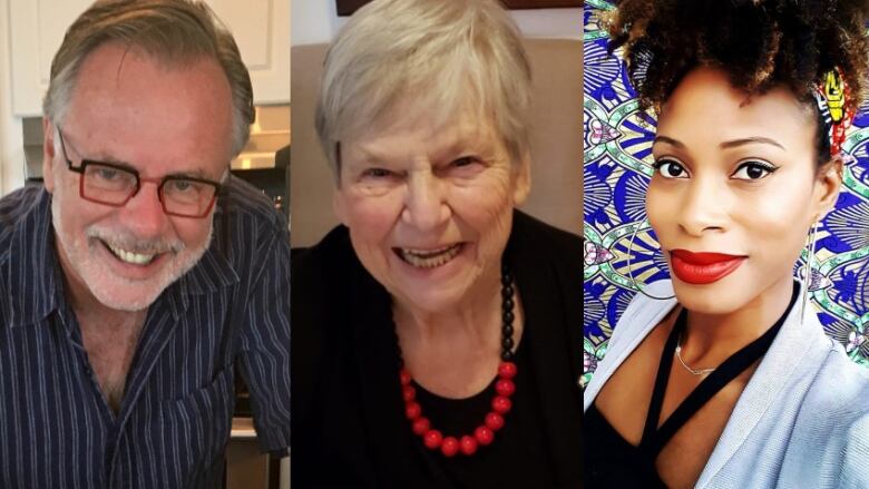 Elderly white man with glasses and grey hair, elderly white woman with short white hair in black shirt with red necklace, Black woman with curly brown hair in a bun and red lipstick.