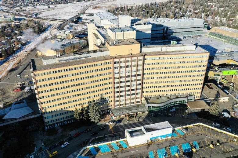 A overhead shot of a hospital building.