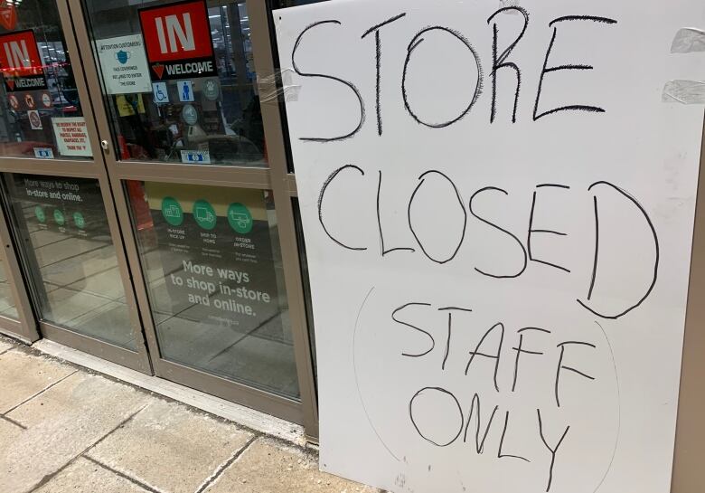 the front of a business and a sign that reads 'store closed staff only'