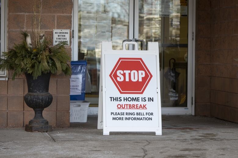 A stop sign outside a long-term care home in Barrie, Ont.