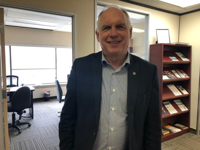 Man in a sports jacket in a business office. 