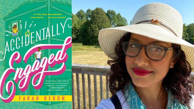 On the left is a green book cover that has a drawing of a house, and a woman at the top of the house, and a man at the bottom of the house. They are looking at each other. There is white and pink text overlay that is the book's title and author's name. On the right is an author headshot of a woman wearing a straw hat and glasses and smiling at the camera. 