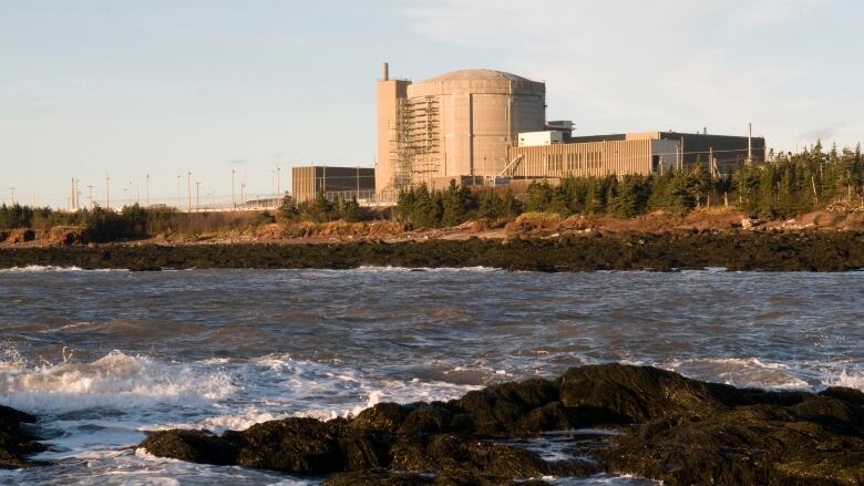 A nuclear plant in the distance with water and waves in the foreground