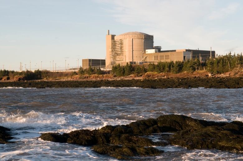 A nuclear plant in the distance with water and waves in the foreground