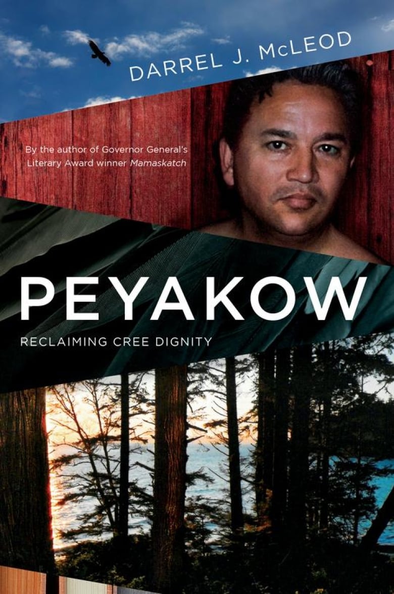 A book cover of fragmented photos of a lake front and a Cree man and birds flying. 