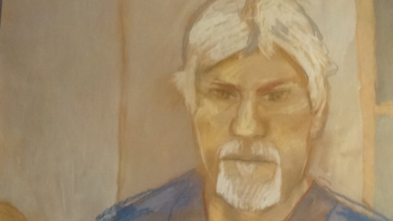 Court-room sketch of a man with white/grey hair and goatee. 