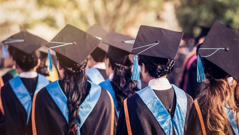 A picture of graduates in robes and mortar and tassles, taken from behind.