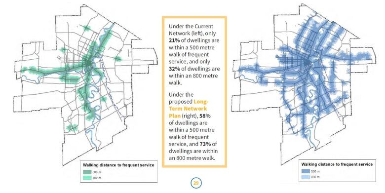 A map shows two maps of Winnipeg with areas in green highlighted on the left and areas in blue highlighted on the right.