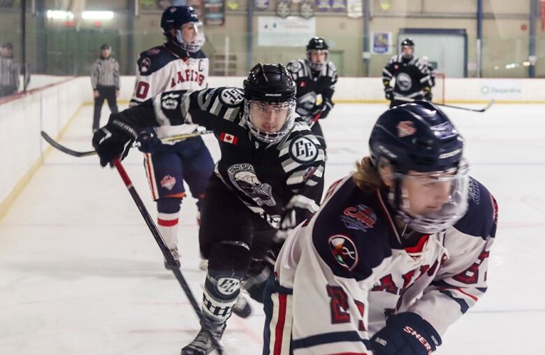 Hockey players on ice. 