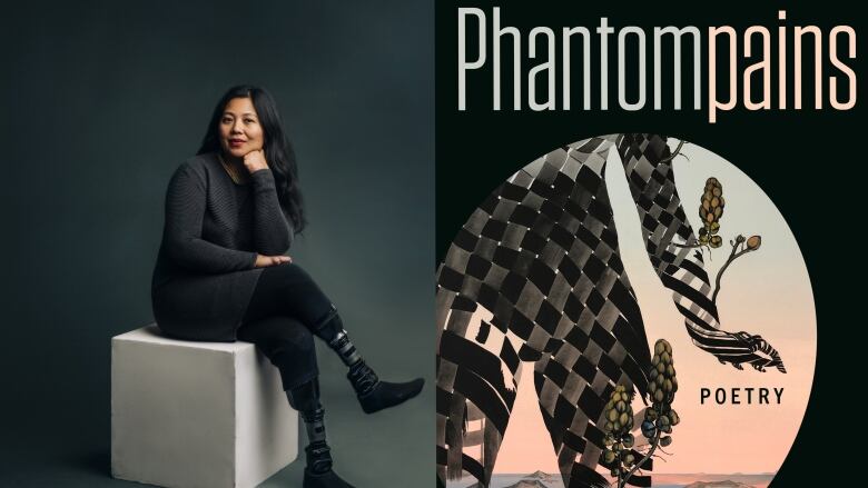 Phantompains by Therese Estacion. Illustrated book cover of a persons legs and arm made of weaving lines standing in a body of water in front of a pink and blue sky. Filipino woman dressed in black and grey with prosthetic legs.