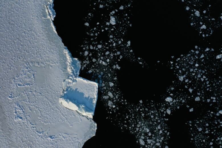 A chunk of sea ice is shown floating in the ocean. 