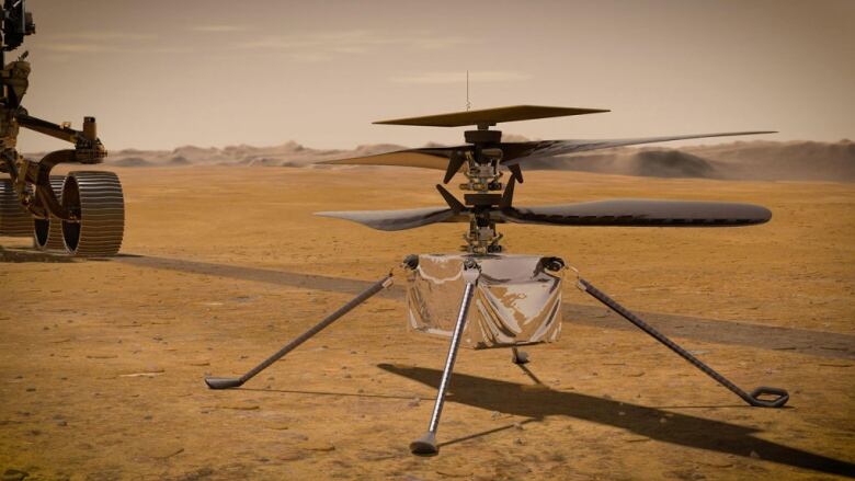 An illustration of the Ingenuity aircraft on the Martian surface