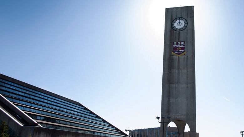 A photo of the clock tower at Memorial University.