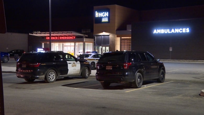 Police vehicles parked outside the Hawkesbury and District General Hospital in Hawkesbury, Ont., early March 26, 2021.