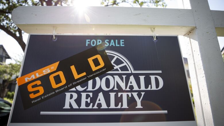 A 'SOLD' sticker obscures part of a realtor's 'For Sale' sign.