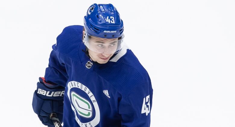 A man in a hockey uniform is pictured on the ice. 