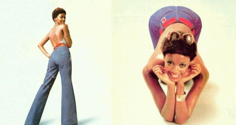 An ad shows the back of a woman in jeans with her head turned to the camera on the left, and the same woman on her knees with her smiling face cradled in her hands on the right.