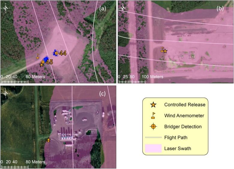 Three green and purple aerial satellite images