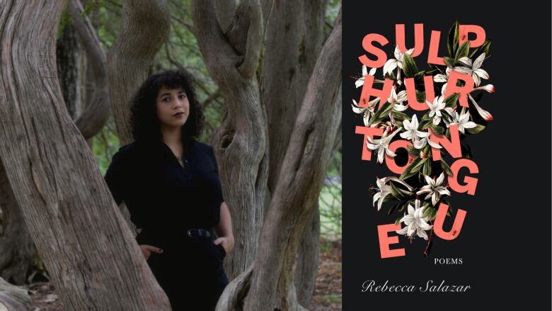 A woman with dark curly hair standing in the middle of a tree trunk and the book cover with the title written entwined with flowers